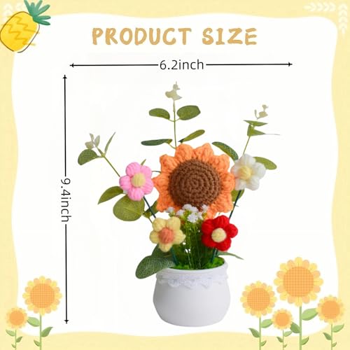 Crochet Flowers Artificial Sunflower Baby's Breath Knitted Eternal Potted Plants,Handmade Crocheted Puff Flowers Potted,Ha...