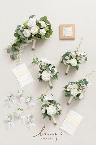 Ling's moment Wedding Artificial Flowers Package, Bridal Bouquet, Bridesmaid Bouquets, Boutonniere for Men, Rose Petals.Wh...