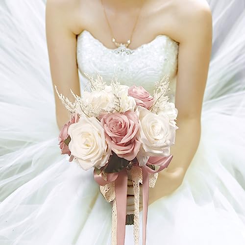 LEIFENY Wedding Bouquets for Bride, Champagne White & Pink Bridal Bridesmaid Wedding Flowers, Artificial Toss Rose for Civ...