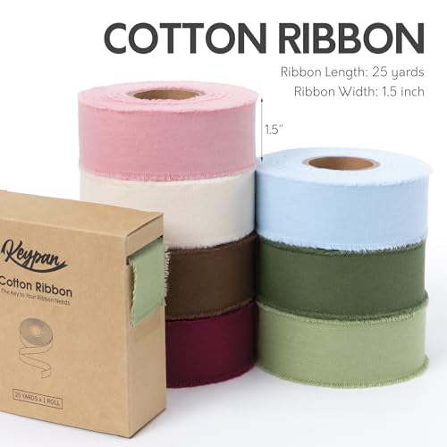 Keypan Pink Ribbon Set 1-1/2 Inch Handmade Cotton Frayed Fringe Fabric Ribbons for Baby Shower Crafts Flower Bouquets Wedd...