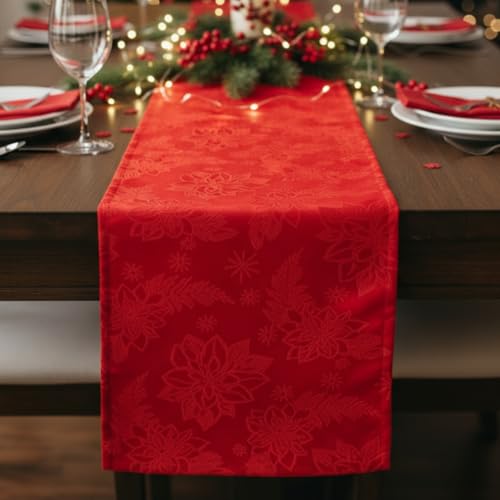 Windkream 1 Pcs Christmas Table Runner Red Poinsettia Flower Table Runners Fabric Waterproof Holiday Table Decorations for...
