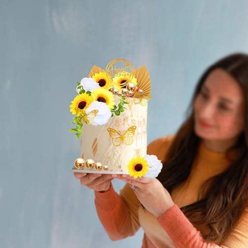 Gyufise 54Pcs Artificial Sunflower Cake Decorations Acrylic Happy Birthday Cake Topper Butterfly Balloon Cake Toppers for ...