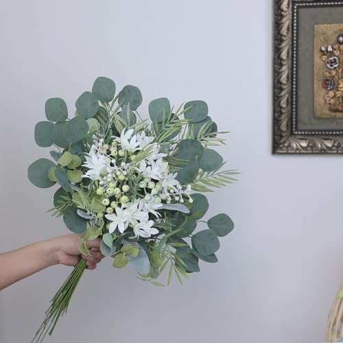 FOTEEWL 75 Pcs Artificial Greenery Stems Box Set,with 8 Kinds of Faux Plants and Fake Flowers for DIY Bridal Bouquets Wedd...