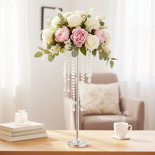 29.5" Tall Flower Stands for Wedding Centerpieces, Set of 10 Silver Metal Flower Candle Holders, Elegant Vases with Chande...