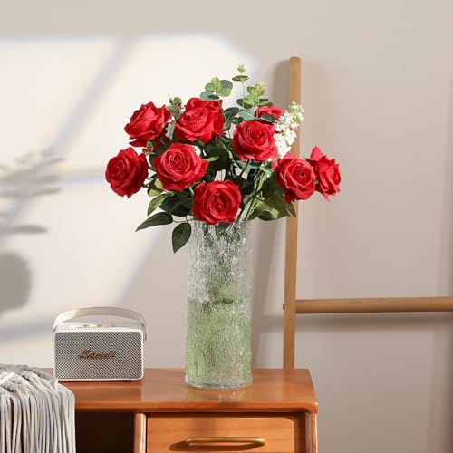 Hawesome 12PCS Artificial Flowers Fake Roses, Realistic Silk Long Stem Red Roses Bouquet for Wedding Centerpiece Home Deco...