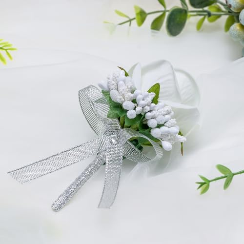 Vkkperp White Rose Boutonniere for Men, Set of 2, Groom and Best Man Artificial Boutonnieres, for Wedding Anniversary Cere...