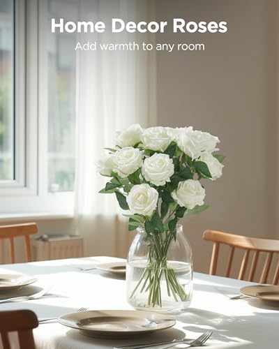 InnoGear 50 Pcs White Roses Artificial Flowers, Fake Velvet Silk Rose Bulk Faux Flower for Decoration DIY Wedding Centerpi...