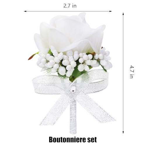Vkkperp White Rose Boutonniere for Men, Set of 2, Groom and Best Man Artificial Boutonnieres, for Wedding Anniversary Cere...