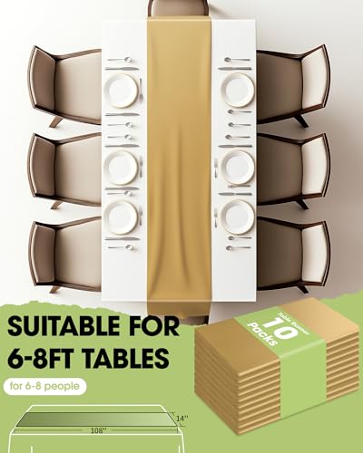 Pureegg Gold Plastic Table Runners - 10 Pack, 14'' x 108'', Water Resistant & Disposable Centerpiece Decorations for Table...