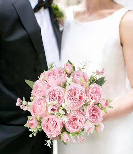 Mkono Peonies Artificial Flowers, Small Silk Flowers for Home Decor Indoor Fake Bouquet Faux Floral Arrangements Dining Ta...