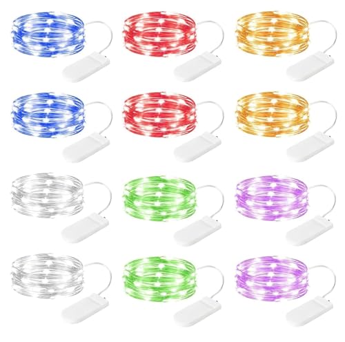 Brightown 12 Pack Multi Color Led Fairy Lights Battery Operated String Lights Waterproof Silver Wire 7 Feet 20 Led Firefly...