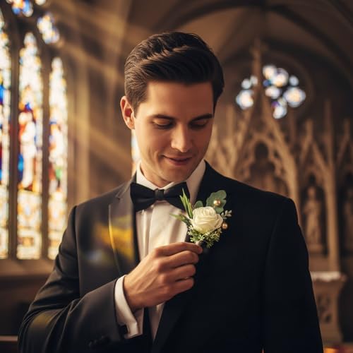 Jowxsx 2Pcs Roses Boutonniere for Men Wedding, Groom Groomsman Artificial White Rose Flowers with pins for Wedding Anniver...