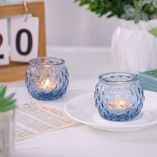 Generic DARJEN 12Pcs Blue Votive Candle Holders - Round Glass Candle Holders Bulk for Tea Light Candle, Diamond Texture Ca...