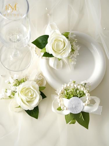 Meldel Wrist Corsage and Boutonniere Set(2pcs), Ivory White Artificial Silk Rose Pearls Bracelets Corsage for Bride, Groom...
