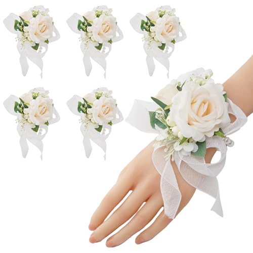 Meldel Champagne Wrist Corsage for Bride Bridesmaid Wedding,Set of 6, Romantic Artificial Rose Pearls Wristband Wrist Flow...