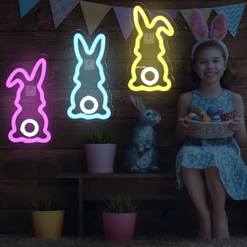 ROCEEI 3 Pcs Easter Neon Signs Bunny Rabbit Egg Neon LED Lights USB Easter Window Lights Wall Window Decor for Party Holid...