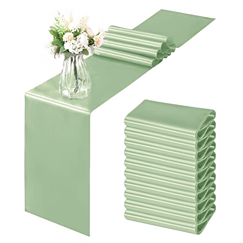 Horbaunal 12 Pack Sage Green Satin Table Runner 12 x 108 Inch, Smooth Table Runners for Wedding Banquets Birthday Party