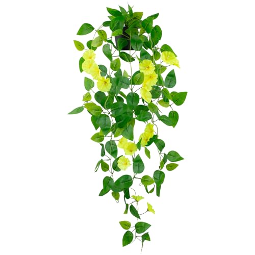 LOYWREE Artificial Hanging Flowers Plants Fake Potted Long Ivy Vine Plant Faux Pothos with Hanging Morning Glory Flowers f...