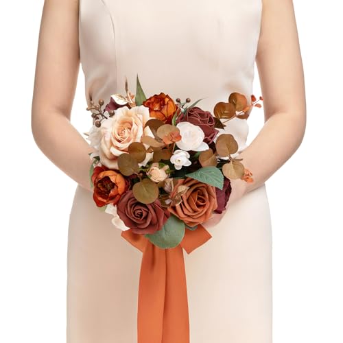 Ling's moment Terracotta Artificial Wedding Flower Bouquets for Bridesmaids Burnt Orange Floral Bouquet Rust Bridal Bouque...