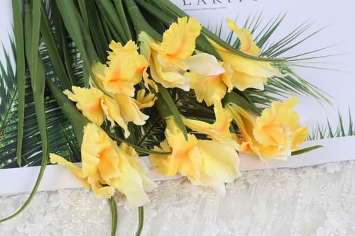 INSUNSIX 5 Pcs Faux Iris Vase Filler 26.8” Yellow Silk Iris Flowers Artificial Stems for Wedding Bridal Bouquet Living Roo...