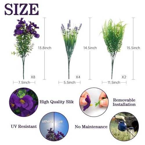 summer flower Purple Flowers Artificial, 14 Bundles Fake, UV Resistant Fake Lavender, Faux Silk Plants for Decorate Center...