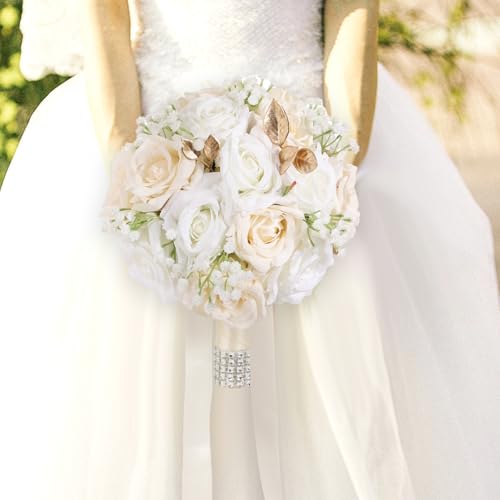 Qeedy Wedding Bouquets for Bride - Realistic Silk Flowers Artificial Roses, 9 Inch Bridesmaid Bouquet for Ceremony, Churc...