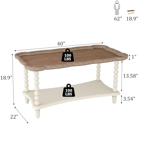 Function Home Farmhouse Coffee Table, Rustic White French Country Center Table with Storage Shelf, Wood Coffee Tables for ...