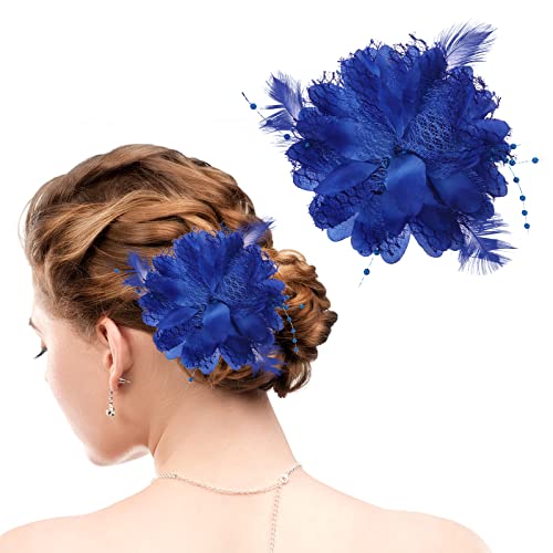 WLLHYF Blue Ladies Feather Flower Hair Clip Elegant Hat Flower Mesh Ribbons Brooch Pin Hair Accessory Fascinator Headwear ...