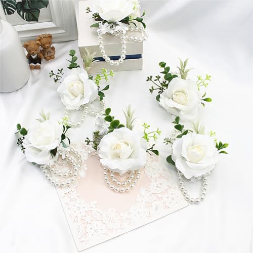 Meldel White Ivory Rose Wrist Corsage Boutonniere for Men Wedding Wrist Flower Corsage Hand Flower for Bride Bridesmaid Pr...