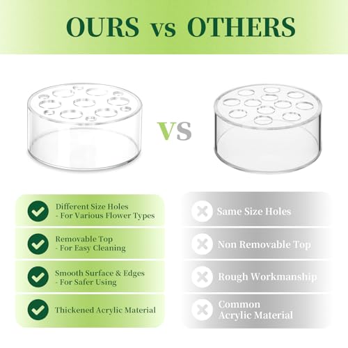 Hewory Acrylic Flower Vases for Centerpieces Round 6pcs Short Clear Floral Vase with 13 Holes, Box Arranger Bulk Low Base ...