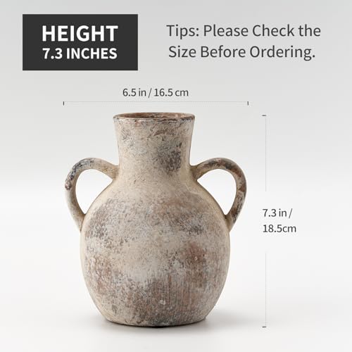 SIDUCAL Rustic Ceramic Farmhouse Flower Vase with 2 Handles, Whitewashed Terra Cotta Vase, Decorative Pottery Flower for H...