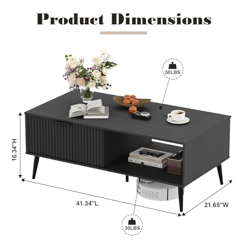 Modern Coffee Table with Storage, 2-Tier Wooden Cocktail Table, Mid Century Modern Coffee Tables with Wave-Style Sliding D...