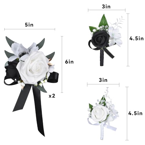 DearHouse Rose Wristband Corsage, Artificial Flowers for Wedding Bridesmaid Hand Flower Decor, 2 Pack (4, Black)