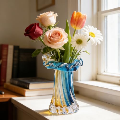 Unique Blue & Gold Hand Blown Art Glass Vase - Blue & Gold Sculptural Flower Vase for Centerpieces, Home Decor & Living Ro...