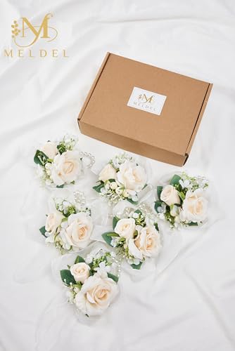Meldel Champagne Wrist Corsage for Bride Bridesmaid Wedding,Set of 6, Romantic Artificial Rose Pearls Wristband Wrist Flow...
