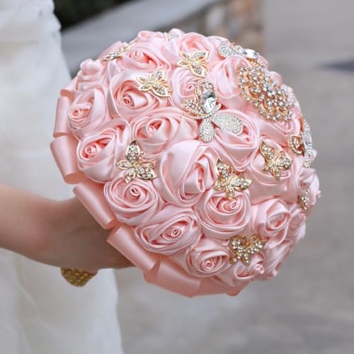 TUAGYMKR Handmade Rhinestone Brooch Satin Bridal Bouquet,7.5inches Crystal Wedding Round Tossing Bouquet, Artificial Flowe...