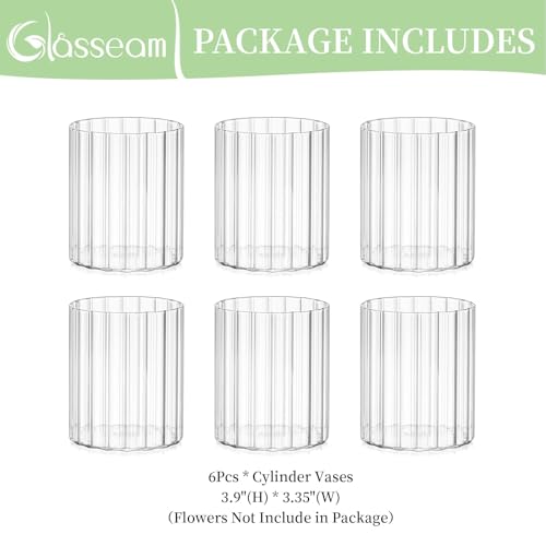 Glasseam Glass Cylinder Vases for Centerpieces: Clear Ribbed Flower Vases for Pillar Candle - 6Pcs Modern Hurricane Floati...
