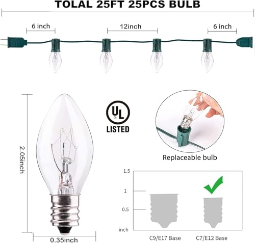 C7 Christmas Lights Outdoor, 25Ft C7 Warm White Christmas Decorations String Lights with 27 Clear Incandescent Bulbs, Vint...