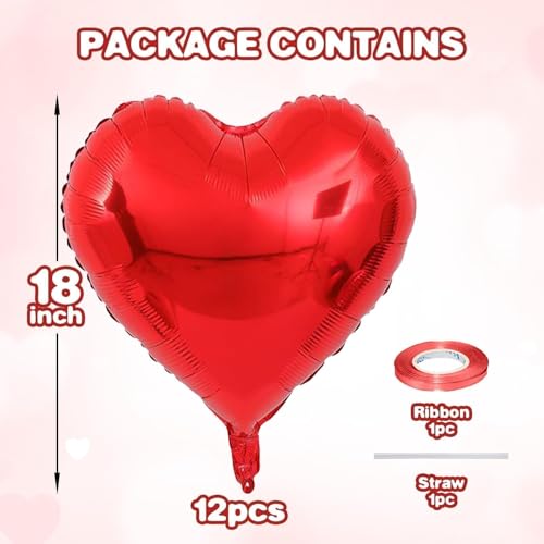 Red Heart Balloons, 12 Pcs 18 inch Heart Shaped Balloons, Large Valentines Balloon, Love Foil Balloon for Valentines Day W...