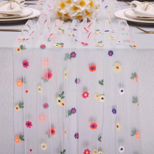 SAJOO 10ft White Embroidery Daisy Tulle Table Runner 120 Inch Floral Table Runners Summer Sheer for Kitchen Dining Easter ...