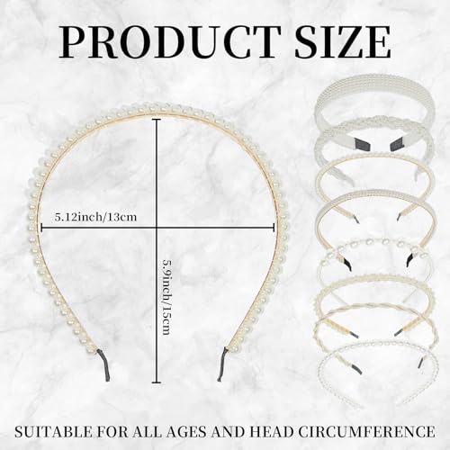 VASTRISE 8 Pcs Pearl Headbands for Women Non-Slip Shining White Faux Pearls Hairband Hair Accessories Hair Hoop Headband