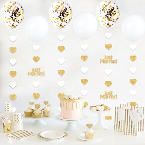 Blopee Gold Just Married Wedding Party Decorations Gold/White Heart Just Married Garland and Balloons for Wedding Bridal S...