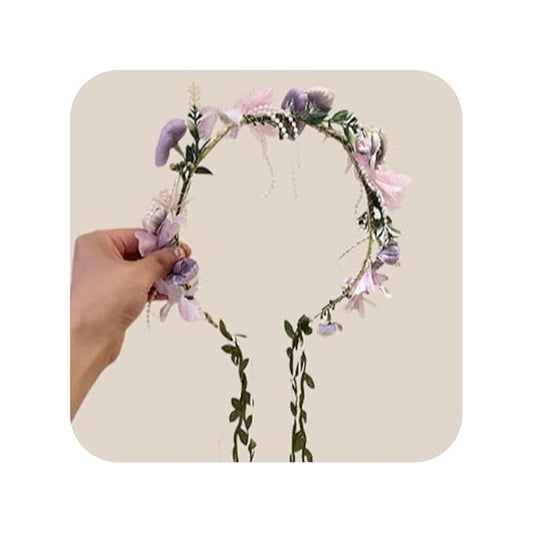 Efficewery Boho Floral Crown for Women– Adjustable Faux Silk Flower Headband, Handmade Wedding Hair Accessory for Festival...