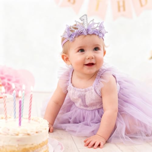 cherrboll Baby Girl Birthday Crown Floral Headband, Soft Flower Head Wrap Tiara Hairband for 1-3 Years Old Toddlers Kids F...