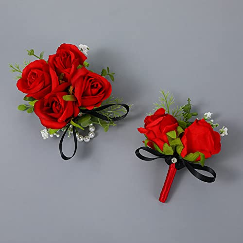 Yunlly 2 Pcs Boutonniere Wrist Corsage Set Artificial Rose Wine Red Corsage Wristband Boutonniere Flower Decor Wrist Corsa...
