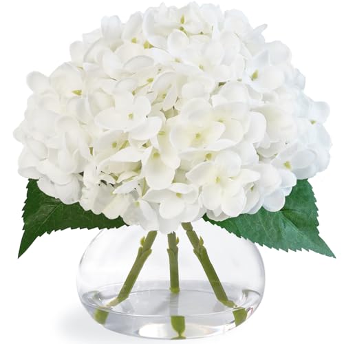 Fawairyc Hydrangea Artificial Flowers in Glass Vase, White Silk Fake Flowers Silk Centerpiece Table Decorations for Dining...