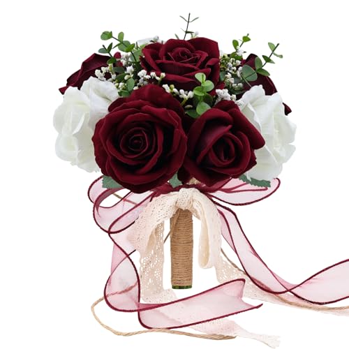 Vkkperp 9in Wedding Bouquets for Bride Bridesmaid, Burgundy & White Artificial Roses Flowers Bouquet for Rustic Church Boh...