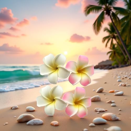 Juroicessry 4 Pcs 7cm White and Pink Hawaiian Frangipani Plumeria Foam Head Flower Party Beach Hair Clip Hair Clips