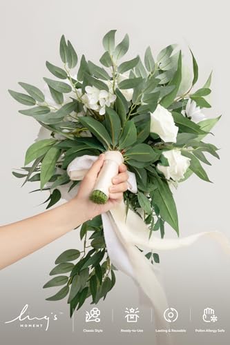 Ling's moment White Bridal Bouquet Cascading, Ivory Wedding Bouquets for Bride, 15 Inch Bride Bouquets for Wedding Artific...