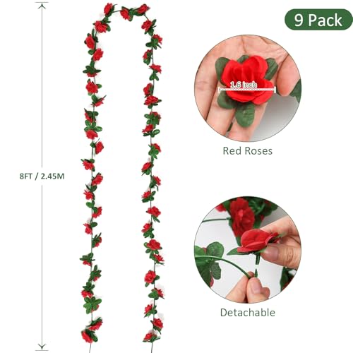 KHOYIME 9 Pack 72 FT Artificial Flower Garland, Fake Red Roses Vines Silk Flowers Faux Plastic Outdoor Hanging Floral Ivy ...